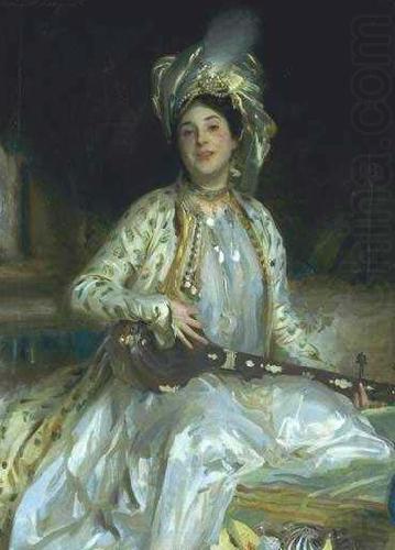 Sargent emphasized Almina Wertheimer exotic beauty in 1908 by dressing her en turquerie, John Singer Sargent